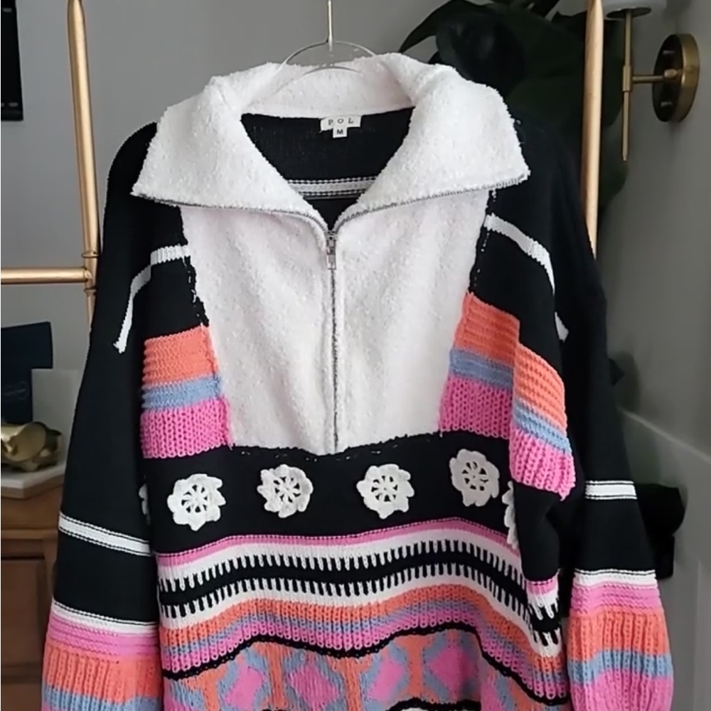 POL Womens High Collar Half Zip Oversized Color
Block Sweater Pink Black Sz M - Picture 5 of 12